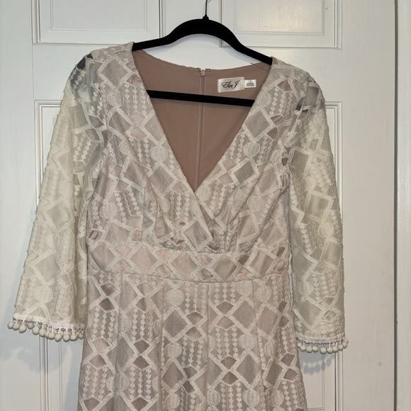 Eliza J Ivory Embroidered Lace Illusion Pom Pom Fit Flare Dress Size 6 - Picture 2 of 9